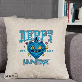 Perna Personalizata K-pop HUNTRX Derpy Pisica Albastra, 40x40 cm, Bej Canapea, Husa Detasabila, Perna Inclusa, BEKZ®