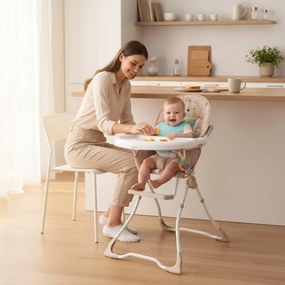 Scaun de masa pentru copii si bebe Baby Care™ CH ,Pliabil, Centura de siguranta, Sezut comfortabil, Masuta detasabila, Model Ursulet , Beige