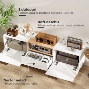 HOMCOM Mobilier TV, Suport TV până la 70" cu 2 Uși Rabatabile, Balamale Soft Close, Sertar, Raft Deschis, 8 Picioare pentru Sufragerie, Dormitor, 150x35x45 cm, Alb și Culoare Lemn | Aosom Romania