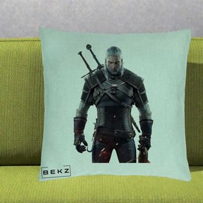 Perna Personalizata The Witcher Geralt of Rivia Portret, 40x40 cm, Verde Menta, Husa Detasabila, Perna Inclusa, BEKZ®