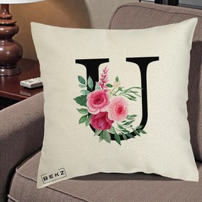 Cadou Personalizat - Perna Personalizata Monograma Florala Litera U, 40x40 cm, Ecru, Husa Detasabila, Perna Inclusa, BEKZ®