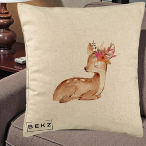 Perna Decorativa Caprioara cu Flori in Coama, 40x40 cm, Bej, Husa Detasabila, Perna Inclusa, BEKZ®