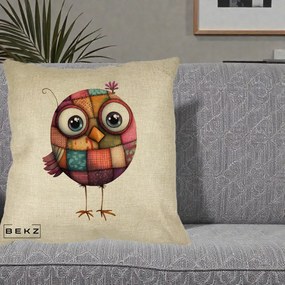 Perna Decorativa Pasare Patchwork Roz cu Floare, 40x40 cm, Crem, Husa Detasabila, Perna Inclusa, BEKZ®
