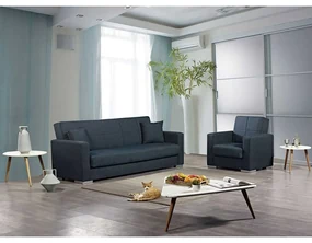 CANAPEA EXTENSIBILA ULTRA, 3 LOCURI, MATERIAL TEXTIL, NEGRU CU ALBASTRU, LADA DEPOZITARE