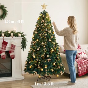 HOMCOM Brad de Crăciun Artificial 180 cm cu 240 LED-uri, 755 Ramuri din PVC, Stea, Globuri, Funde, Verde | Aosom Romania