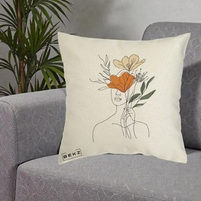 Perna Decorativa Portret Feminin Coroana Florala, 40x40 cm, Ecru, Husa Detasabila, Perna Inclusa, BEKZ®