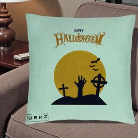 Perna Decorativa Happy Halloween Cimitir cu Luna, 40x40 cm, Verde Menta, Husa Detasabila, Perna Inclusa, BEKZ®