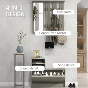 HOMCOM Set de Depozitare 4-în-1 pentru Hol, Cuier de Perete cu Oglindă, Bancă pentru Încălțăminte, 85x15x110 cm, Gri | Aosom Romania