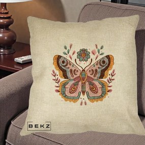 Perna Decorativa Fluture Boho Floral, 40x40 cm, Crem, Husa Detasabila, Perna Inclusa, BEKZ®
