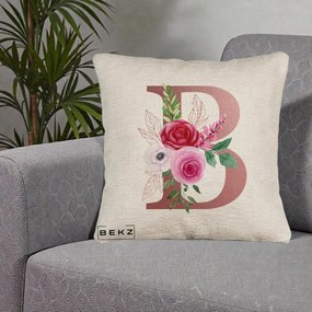 Cadou Personalizat - Perna Personalizata Monograma Rose Gold Litera B, 40x40 cm, Bej Canapea, Husa Detasabila, Perna Inclusa, BEKZ®