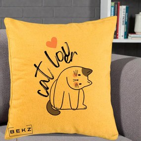 Perna Personalizata Cat Lover Pisica Ilustratie Linie, 40x40 cm, Galben, Husa Detasabila, Perna Inclusa, BEKZ®
