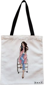 Sacosa de Panza pentru Cumparaturi, Geanta Tote, Travel Girl 3, Cu fermoar, 38x34.5 cm, Alba, BEKZ®