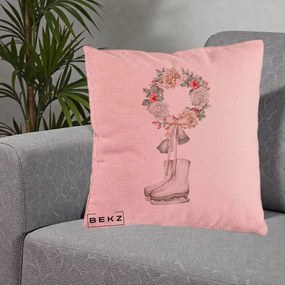 Perna Decorativa Patine cu Coroana Florala de Craciun, 40x40 cm, Roz, Husa Detasabila, Perna Inclusa, BEKZ®