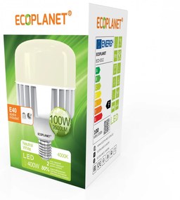 Bec LED Ecoplanet T140 forma cilindrica, E27, 100W (400W), 9500 LM, F, lumina neutra 4000K, Mat Lumina neutra - 4000K, 1 buc