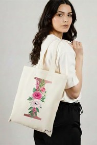Sacosa de Panza pentru Cumparaturi, Geanta Tote, Cu litera I Rose Gold si Trandafiri, 38x34.5 cm, Alba, BEKZ®