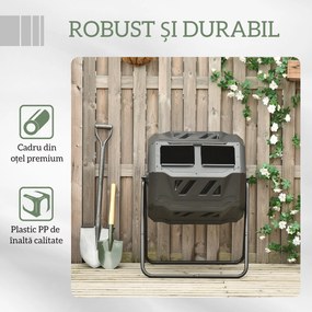 Outsunny Compostor Rotativ cu 2 Secțiuni și 8 Prize de Aerisire din Oțel și PP, 160L, 71x65x96 cm, Gri | Aosom Romania