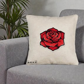 Perna Decorativa Trandafir Rosu Tattoo, 40x40 cm, Bej Canapea, Husa Detasabila, Perna Inclusa, BEKZ®