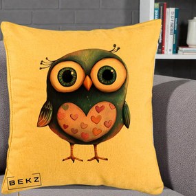 Perna Decorativa Bufnita cu Inimioare Roz, 40x40 cm, Galben, Husa Detasabila, Perna Inclusa, BEKZ®