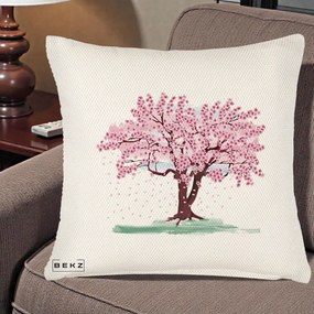 Perna Decorativa Cires Inflorit Acuarela, 40x40 cm, Crem Reliefat, Husa Detasabila, Perna Inclusa, BEKZ®