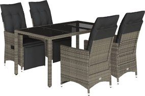 vidaXL Set bistro de grădină cu perne, 5 piese, gri, poliratan