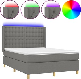 vidaXL Pat cu arcuri, saltea și LED, gri închis, 140x200 cm, textil