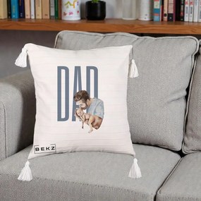 Cadou pentru Tata - Perna Personalizata DAD Tata si Nou-Nascut, 40x40 cm, Bej cu Franjuri, Husa Detasabila, Perna Inclusa, BEKZ®