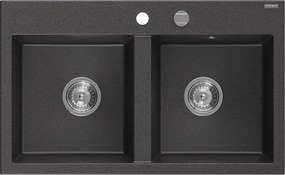 Mexen Hektor chiuvetă din granit cu 2 compartimente 800 x 480 mm, negru pătat, sifon crom - 6521802000-76