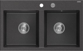 Mexen Hektor chiuvetă din granit cu 2 compartimente 800 x 480 mm, negru pătat, sifon crom - 6521802000-76
