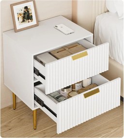 NOA62 - Set 2 Noptiere albe 50 cm, cu 2 sertare, dormitor - Alb-Auriu