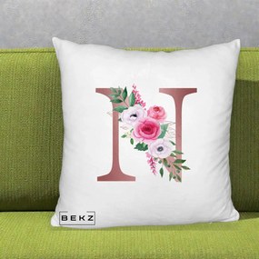 Cadou Personalizat - Perna Personalizata Monograma Rose Gold Litera N, 40x40 cm, Alb Pufos, Husa Detasabila, Perna Inclusa, BEKZ®