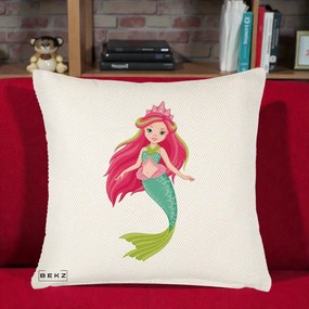 Perna Decorativa Sirena Roz cu Coroana, 40x40 cm, Crem Reliefat, Husa Detasabila, Perna Inclusa, BEKZ®
