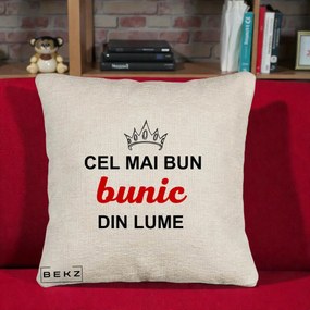 Cadou pentru Bunic - Perna Personalizata Cel Mai Bun Bunic Din Lume Coroana Rosu, 40x40 cm, Bej Canapea, Husa Detasabila, Perna Inclusa, BEKZ®