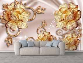Fototapet 3D, Flori de aur pe un fundal bej Art.05267