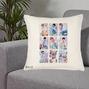 Perna Personalizata K-pop BTS Colaj 9 Fotografii Autografe Individual, 40x40 cm, Crem Reliefat, Husa Detasabila, Perna Inclusa, BEKZ®