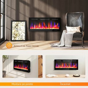 HOMCOM Șemineu Electric de Încorporat cu Flacără Independentă, 3 Moduri de Încălzire și Telecomandă, 106.7x9.4x47 cm, Negru | Aosom Romania