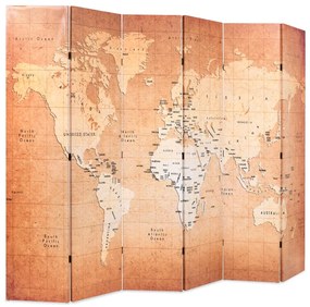 Paravan de cameră pliabil, galben, 228 x 170 cm, harta lumii