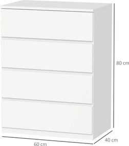 HOMCOM Comodă cu 4 Sertare, Organizator de Depozitare cu Ghidaje Metalice și Mânere cu Caneluri, 60x40x80 cm, Alb | Aosom Romania