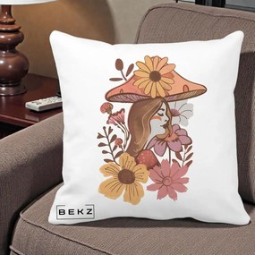 Perna Decorativa Fata Ciuperca Florala Boho, 40x40 cm, Alba Mata, Husa Detasabila, Perna Inclusa, BEKZ®