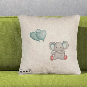 Perna Decorativa Canapea, Model Elefant si baloane in forma de inimioare, 40x40 cm, Bej Canapea, Husa Detasabila, Perna Inclusa, BEKZ®