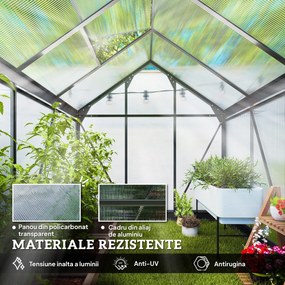 Outsunny Seră de Grădină, Seră din Policarbonat și Aluminiu cu Ușă Culisantă, Ventilație pe Acoperiș și Jgheab, 190x192x201 cm, Gri