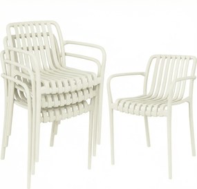 Outsunny Set 4 scaune de grădină stivabile, scaune de terasă cu design în lamele și cotiere, ergonomice, alb crem | Aosom Romania
