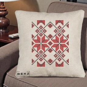Perna Personalizata Motiv Traditional Cusatura Rosu-Negru, 40x40 cm, Bej Canapea, Husa Detasabila, Perna Inclusa, BEKZ®