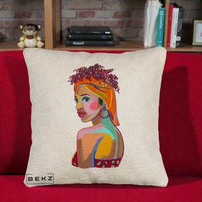 Perna Decorativa Portret Femeie Colorat Pop Art, 40x40 cm, Bej Canapea, Husa Detasabila, Perna Inclusa, BEKZ®