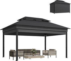 Outsunny Gazebo de grădină 4x3 m cu perdele laterale, acoperiș dublu, orificii de drenaj, Gri închis | Aosom Romania