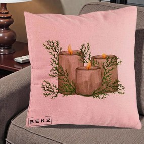 Perna Decorativa Lumanari Rustice cu Crengute Brad, 40x40 cm, Roz, Husa Detasabila, Perna Inclusa, BEKZ®