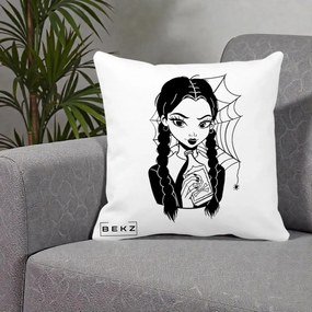 Perna Personalizata Wednesday cu Panza de Paianjen, 40x40 cm, Alba Mata, Husa Detasabila, Perna Inclusa, BEKZ®