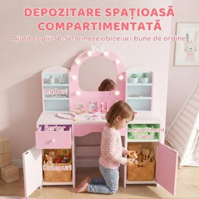 AIYAPLAY Set măsuță de toaletă pentru fetițe 2 în 1, cu taburet și oglindă, lumini în 2 culori, sertar și rafturi, roz | Aosom Romania