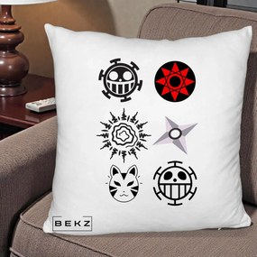 Perna Personalizata Simboluri Anime Mix - Naruto One Piece, 40x40 cm, Alb Pufos, Husa Detasabila, Perna Inclusa, BEKZ®