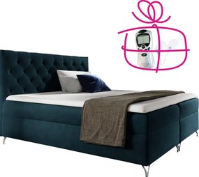 Pat cu boxspring, 140x200, albastru închis Velvet, GULIETTE + cadou