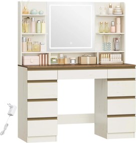 Masuta machiaj cu Oglinda LED si 9 Sertare pentru Cosmetice, Set Masa toaleta 109 cm, Alb, masuta cosmetica, vanity - SEA18